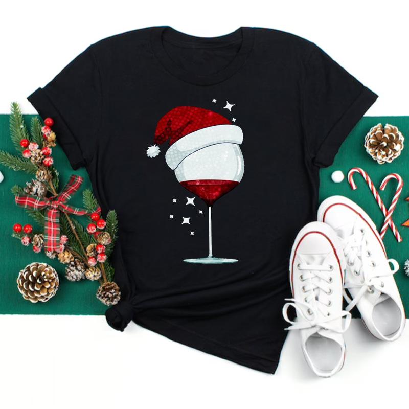 Polyester  100% New Christmas Happy Christmas Tree Santa Claus Casual and Fashionable Round-neck Short-sleeved Women's Base Tops