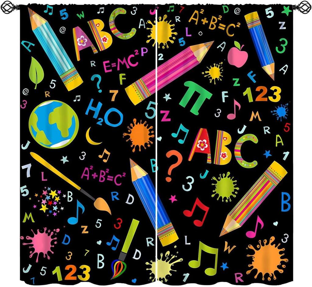 Funny Education Alphabet Abc Curtains,Cartoon Kids Learning Letters Watercolor Decor Rod Pocket Window Treatments For Boy Baby