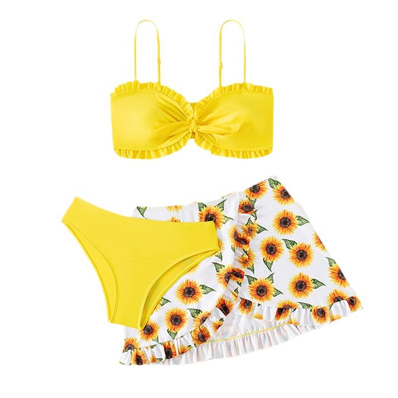 2025 Girls' Solid Color Flounce Bikini Set with Mesh Skirt