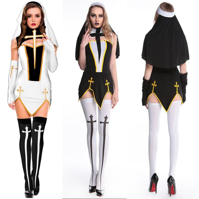 Sexy Women Naughty Nun Costume Black Fancy Dress Party Cosplay Outfits Halloween