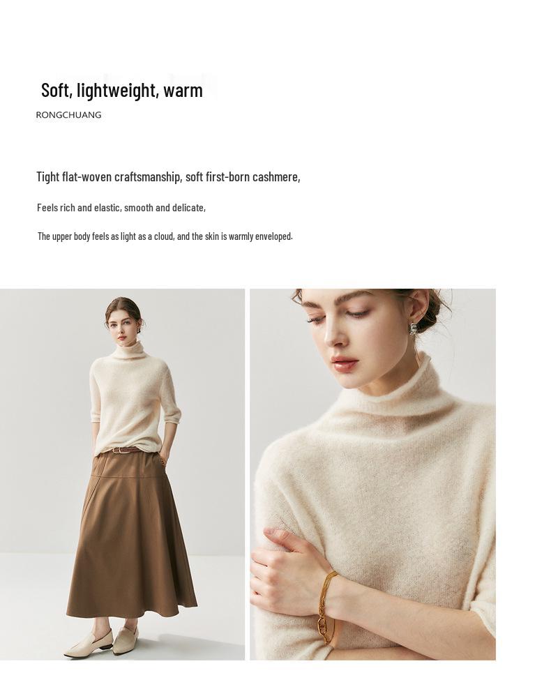 2025 Women's Autumn/Winter Herbalife Cashmere High-Neck Rolled Edge Half-Sleeve Sweater