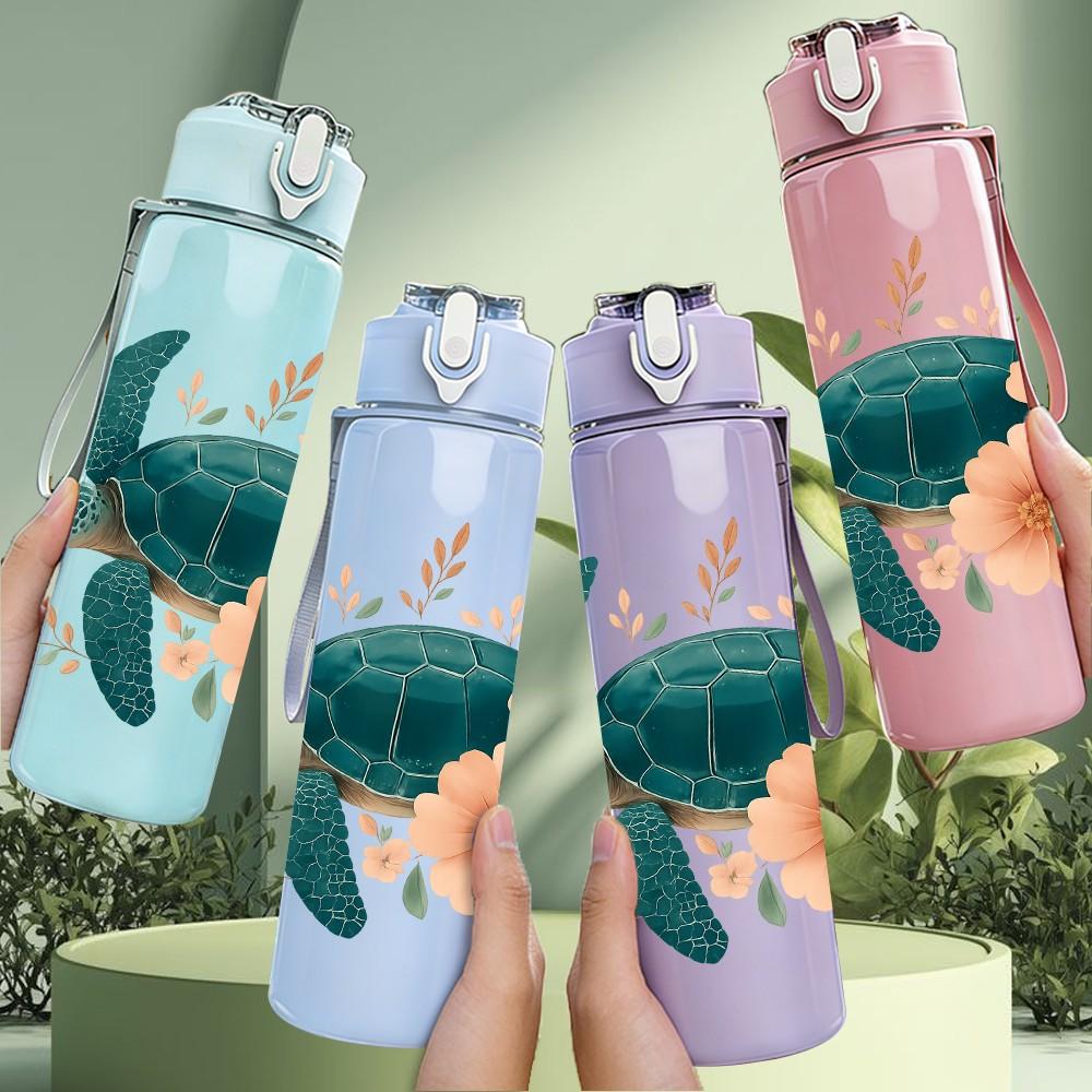 1 PZ Tartaruga Marina con Stampa Floreale 750ml Bottiglia d'Acqua Sportiva in Plastica Colorata Tappo Flip a Cannuccia Antigoccia Adatta per Sport Ufficio Uso Domestico