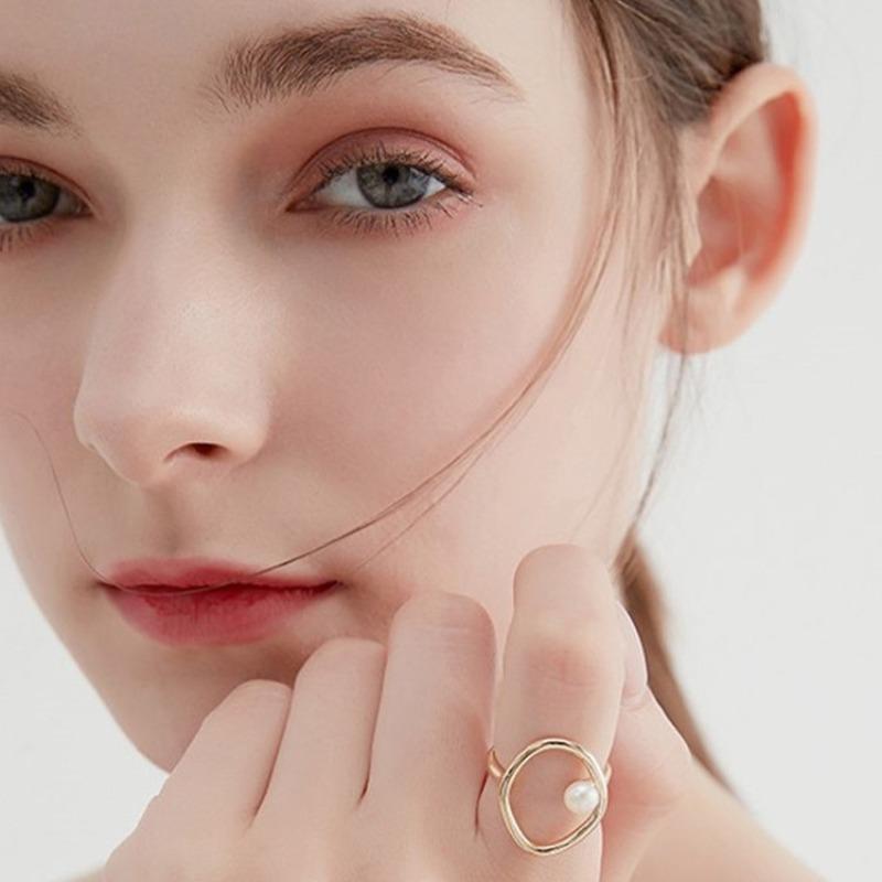 Meier European and american freshwater pearl ring - adjustable open design, ins style hollowed-out, unique finger ring jewelry