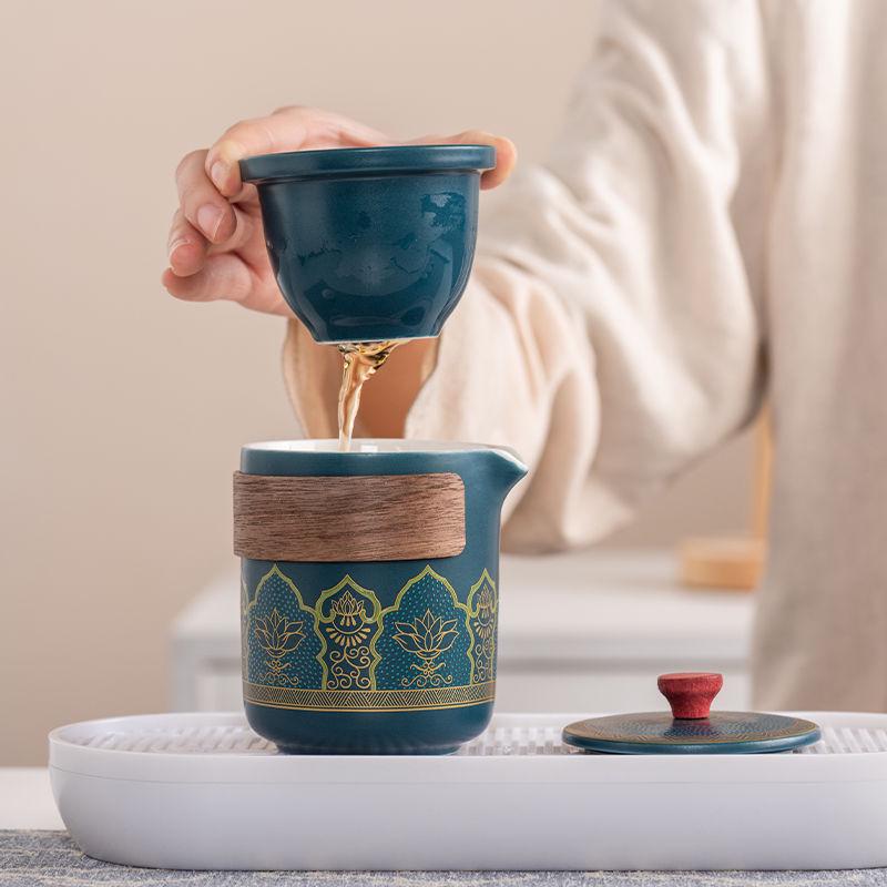 Ancient Charm Ceramic Travel Tea Set: Quick-Brew Pot with Three Cups for Outdoor Use - Customizable Logo Gift