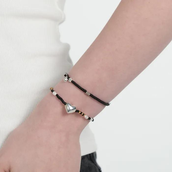 Silver Flower Charms Black Beads Bracelet