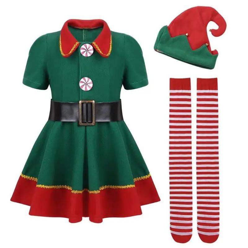 Non-Toxic Children Christmas Elf Costumes Santa Claus Suit Festival Adult Family Halloween Cosplay Sets Green Elves Clothes