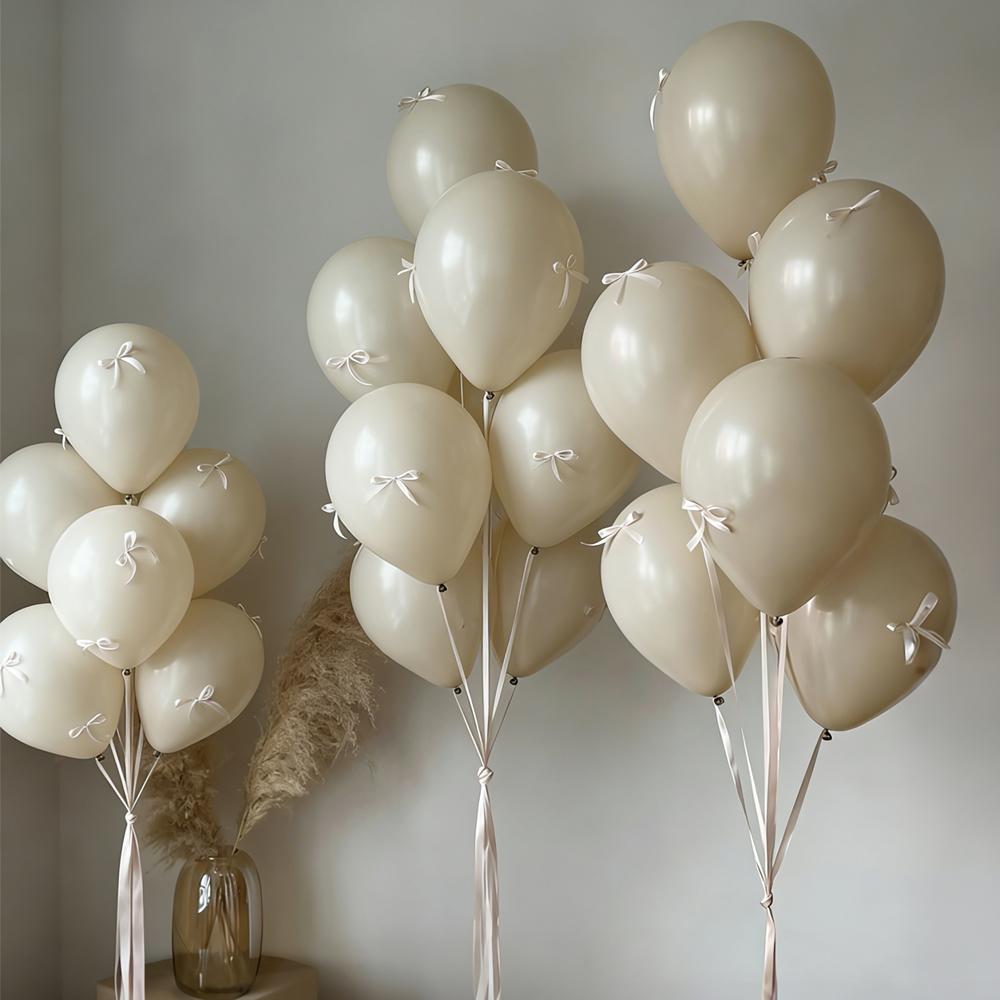 Sand white bow balloon set with beige ribbon bow decoration for birthdays, weddings, showers, holidays, parties, balloons