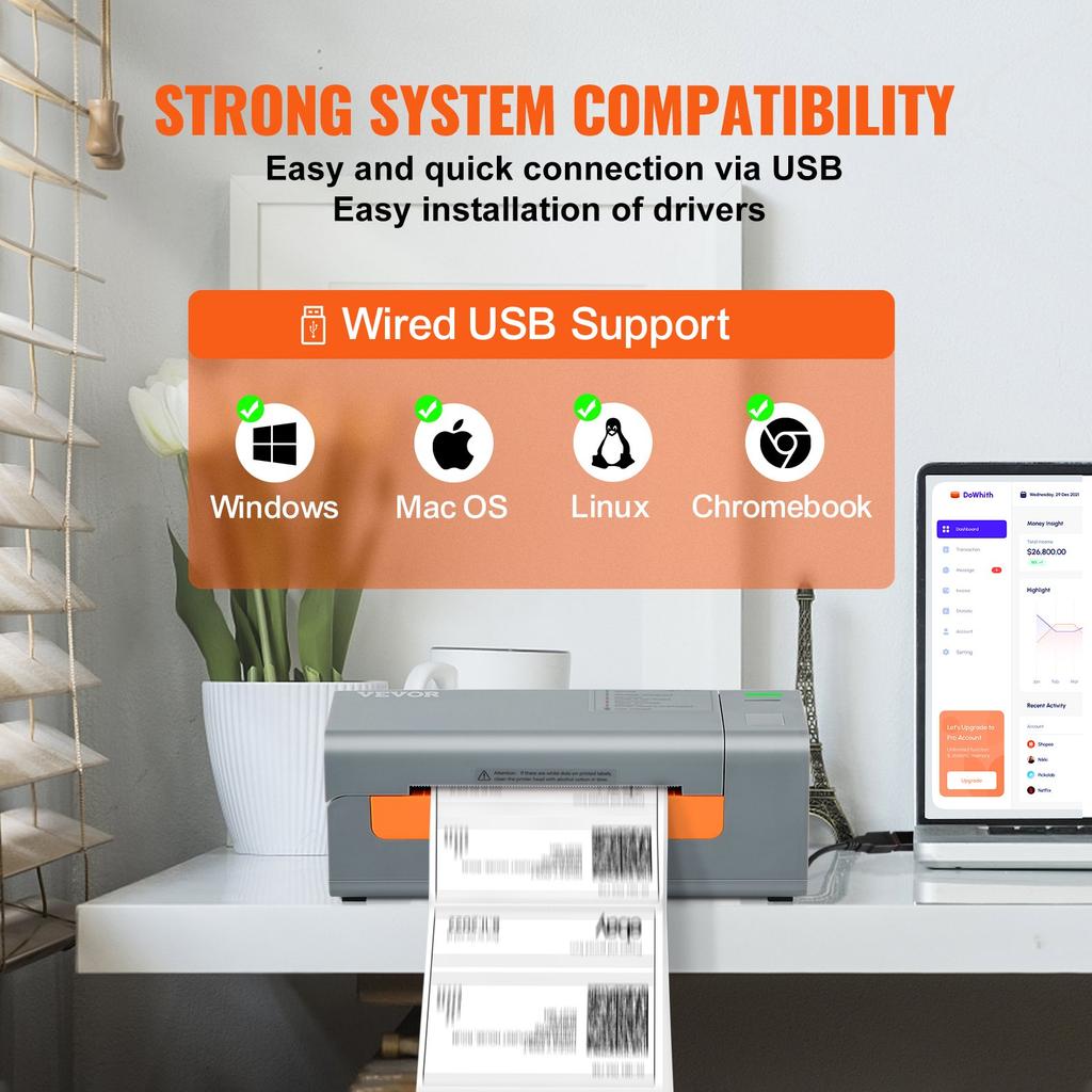 VEVOR Thermal Label Printer, 203DPI 60pcs/min for 4x6 Mailing Packages, USB Connection & Automatic Label Recognition, Support Windows/MacOS/Linux