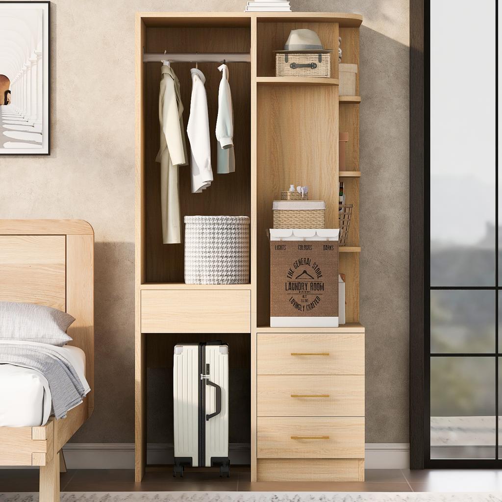 Kleiderschrank 70 × 55 × 175 cm, Mehrere Fachböden, Großer Kleiderstangenbereich, Holzfarbe