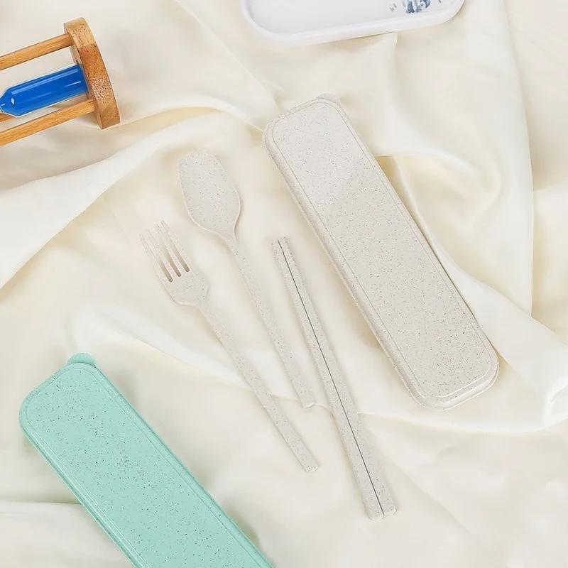 3pcs/set Travel Cutlery Portable Cutlery Box Japan Style Wheat Straw Knife Fork Spoon Student Dinnerware Sets Kitchen Tableware