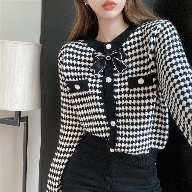 Women S Knit Cardigan Sweater Round Neck Bow Decor Casual Loose Fit Outerwear