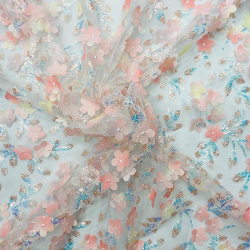 100x130cm 3D Floral Sequin Tulle Fabric Printed Sheer Mesh Cloth Glitter Sequin Net for Wedding Dress DIY Sewing Decor Material