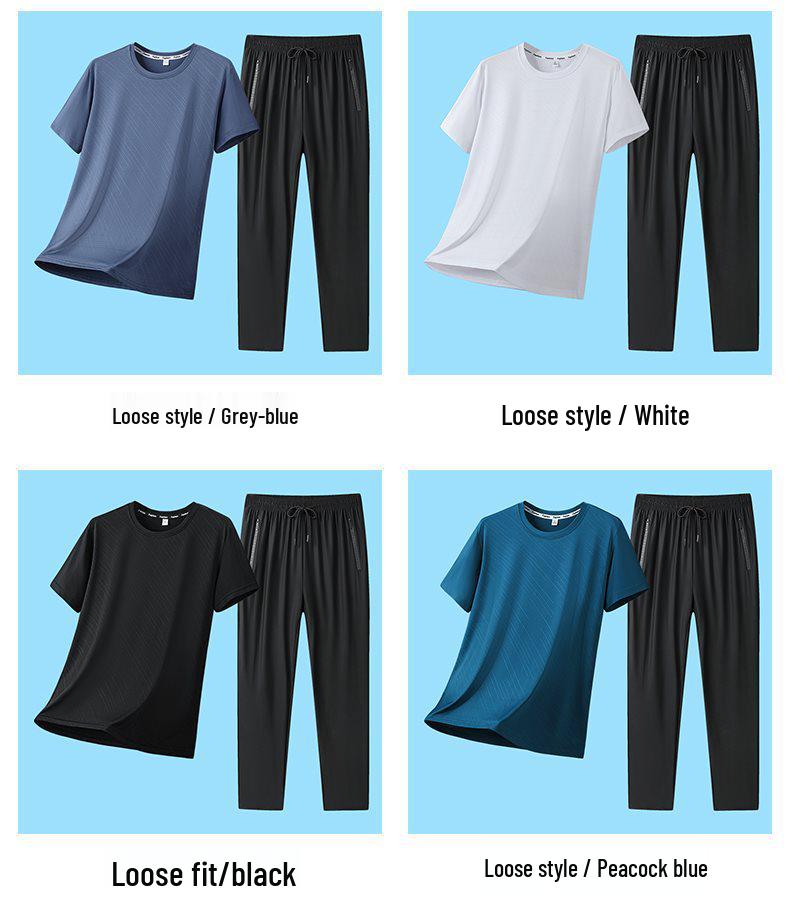 2026 Men's Summer Ice Silk Casual Round Neck Short Sleeve & Long Pants Set