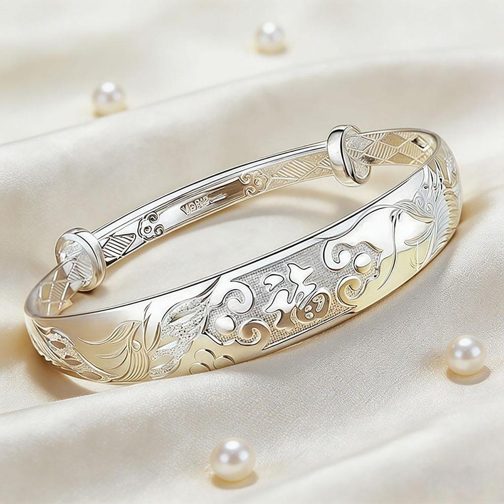 Dragon and Phoenix Fu silver bracelet for women, adjustable, new style with blooming flowers, wrist accessory, new Chinese style, daily wear
