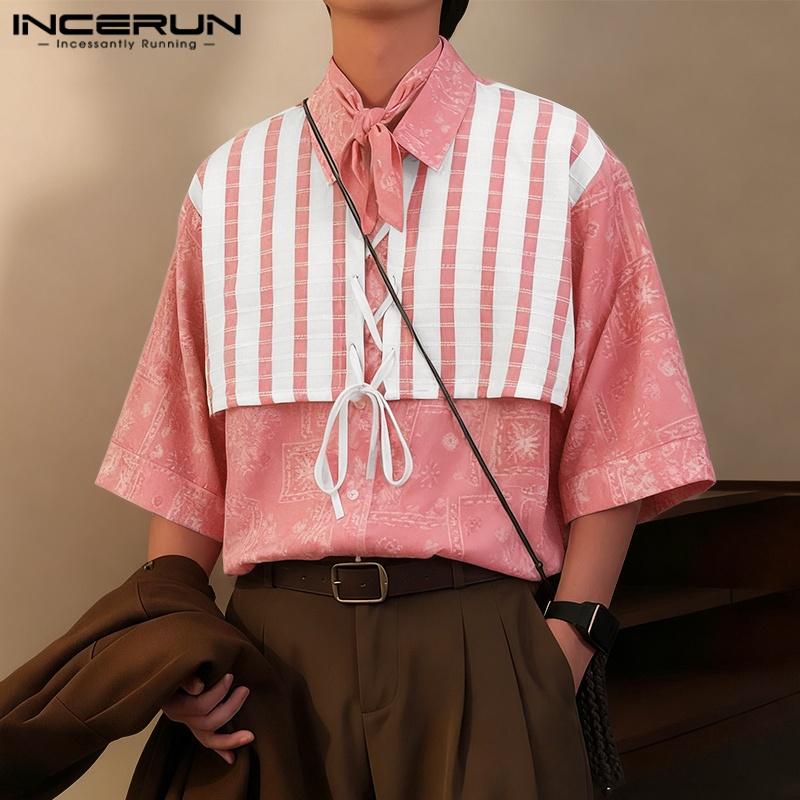 INCERUN Herren Reverskragen Kurzarm Floral Print Splicing Spitze Lässige Lockere T-Shirts Hemden