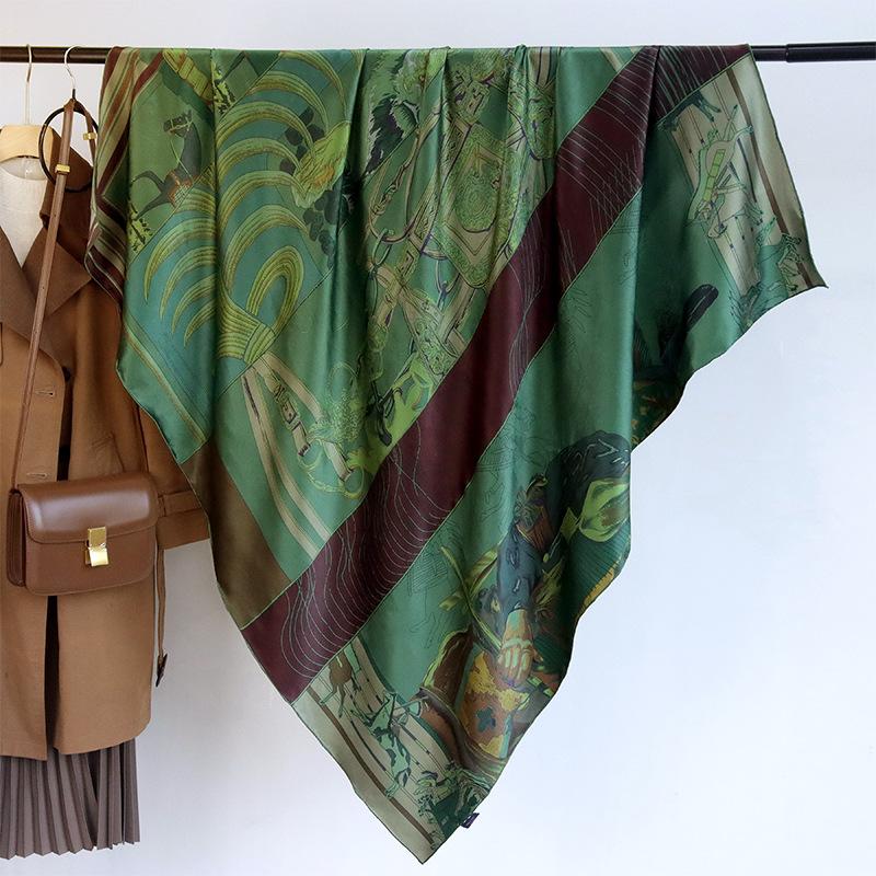 Vintage green Indian mulberry silk scarf 140 heavy weight thickened plain crepe satin large square scarf silk scarf autumn and winter 140*140CM