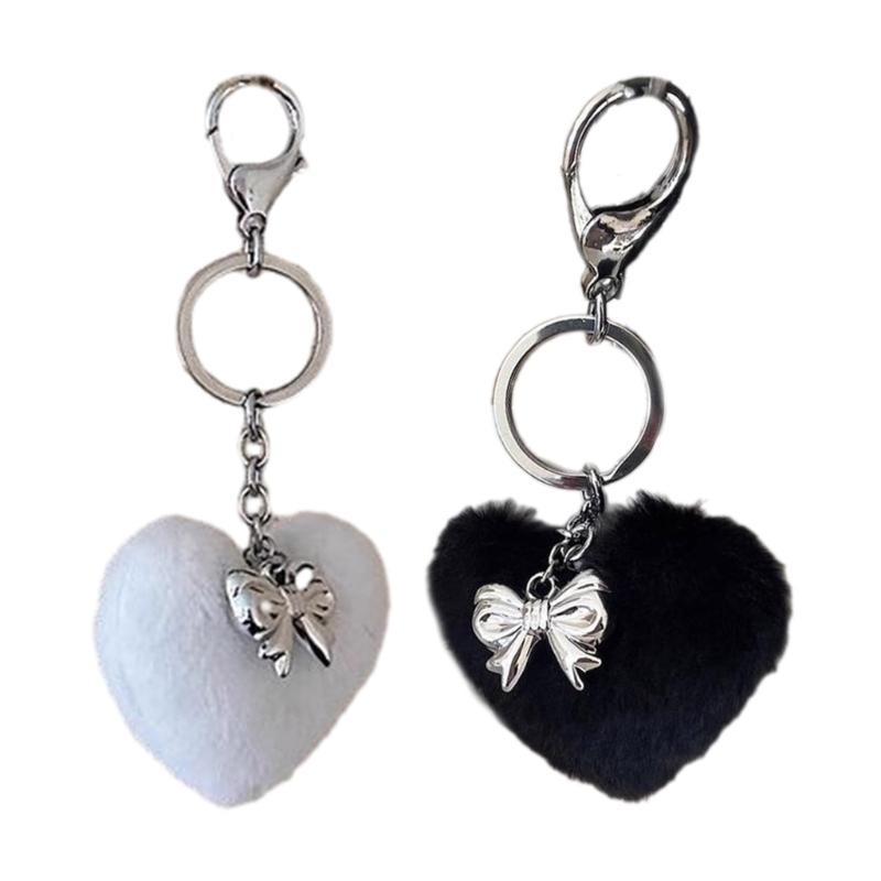 Delicate Bowknot Pendant Keychain Plush Heart Shape Keyring Stylish Phone Antilost Lanyard Decorations for Bag Backpack