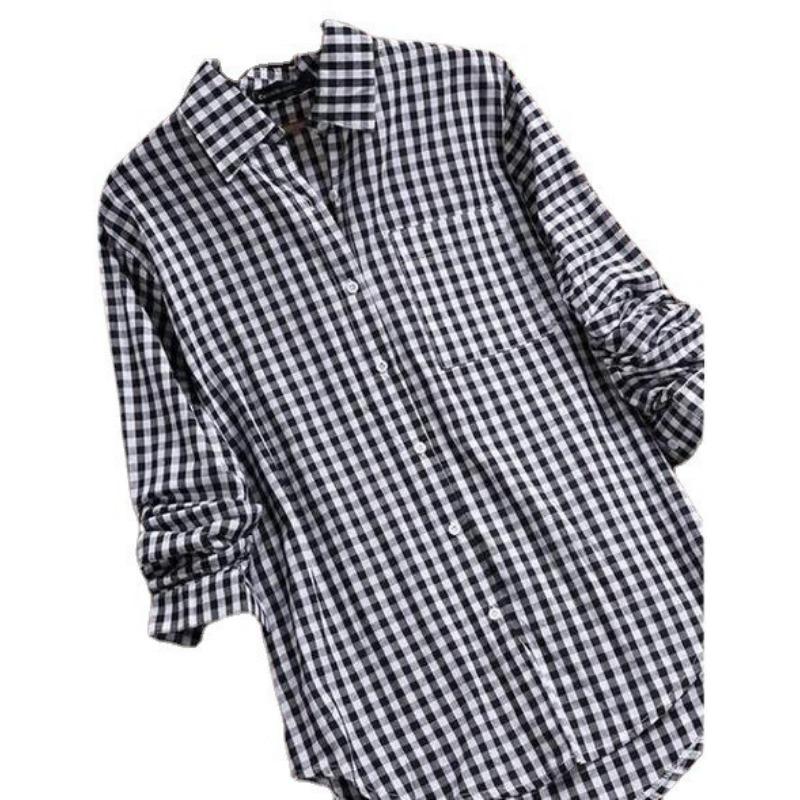 Plus Size Casual Blouse, Women's Plus Gingham Print Turn Down Collar Long Sleeve Shirt