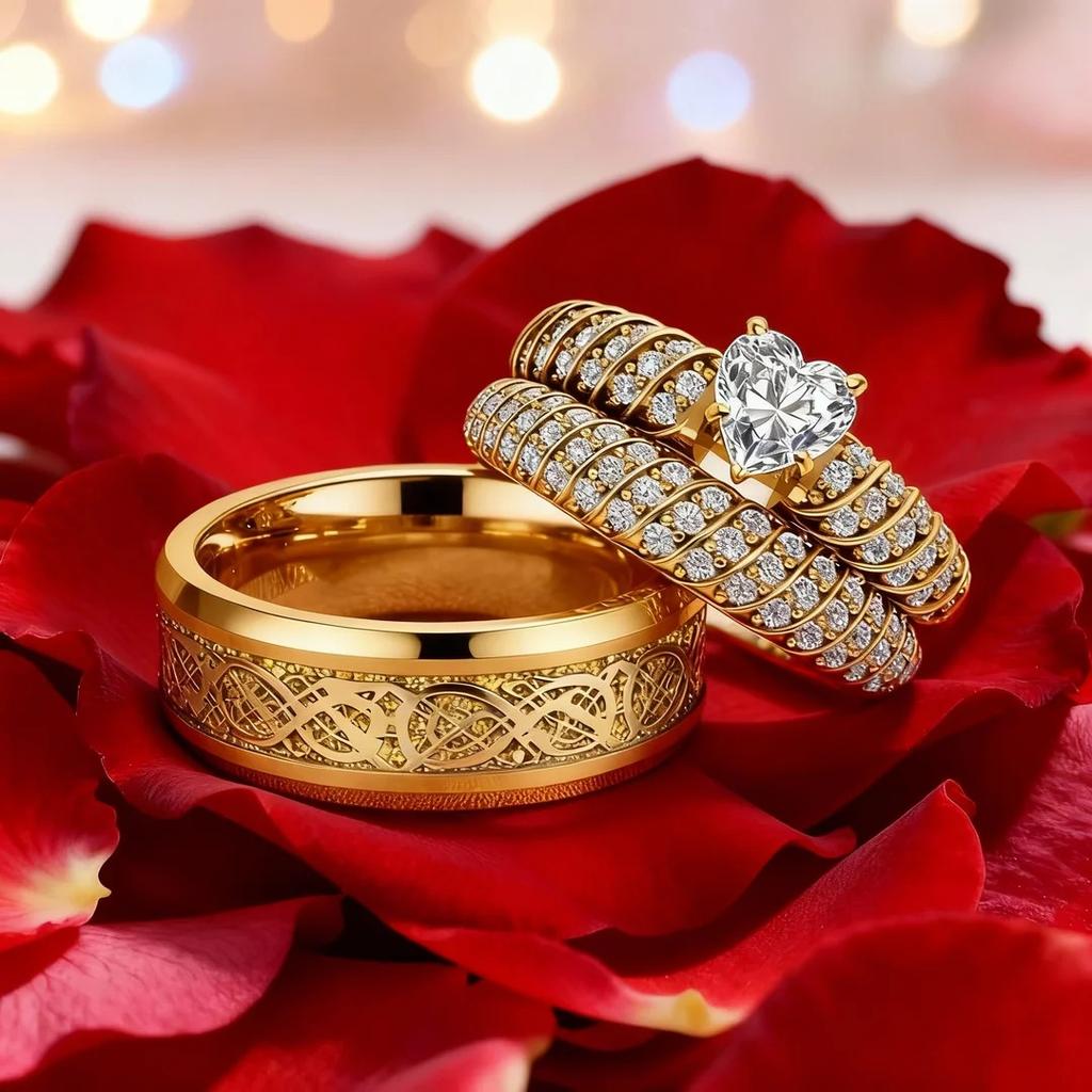 Couple Rings Exquisite Romantic Women Heart Zircon Rings Set Simple Men's Stainless Steel Celtic Dragon Ring Wedding Jewelry