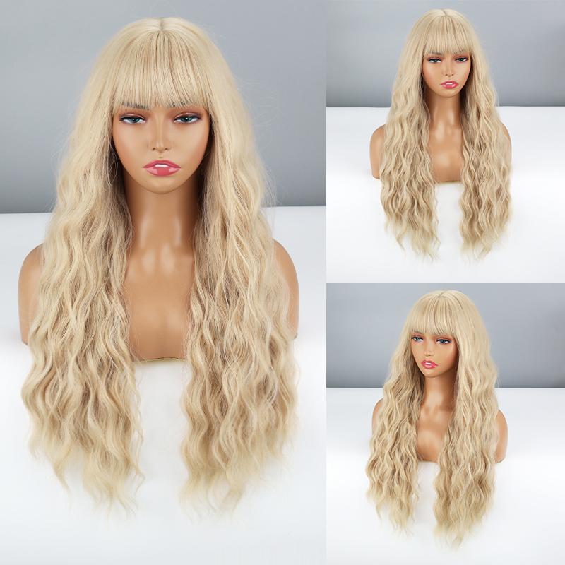 LISI HAIR Brown with Blonde Highlights Ombre Color Long Wavy Wig with Bangs Synthetic Fiber Women Daily Wear Cosplay Wavy Wig