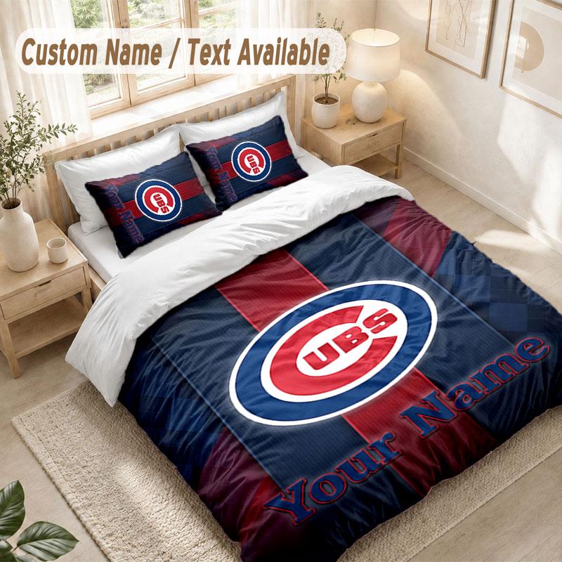 Custom Name Bedding Set 3 PiecesChicago Cubs Print Duvet Cover + 2 Pillowcases Soft Bed Decor