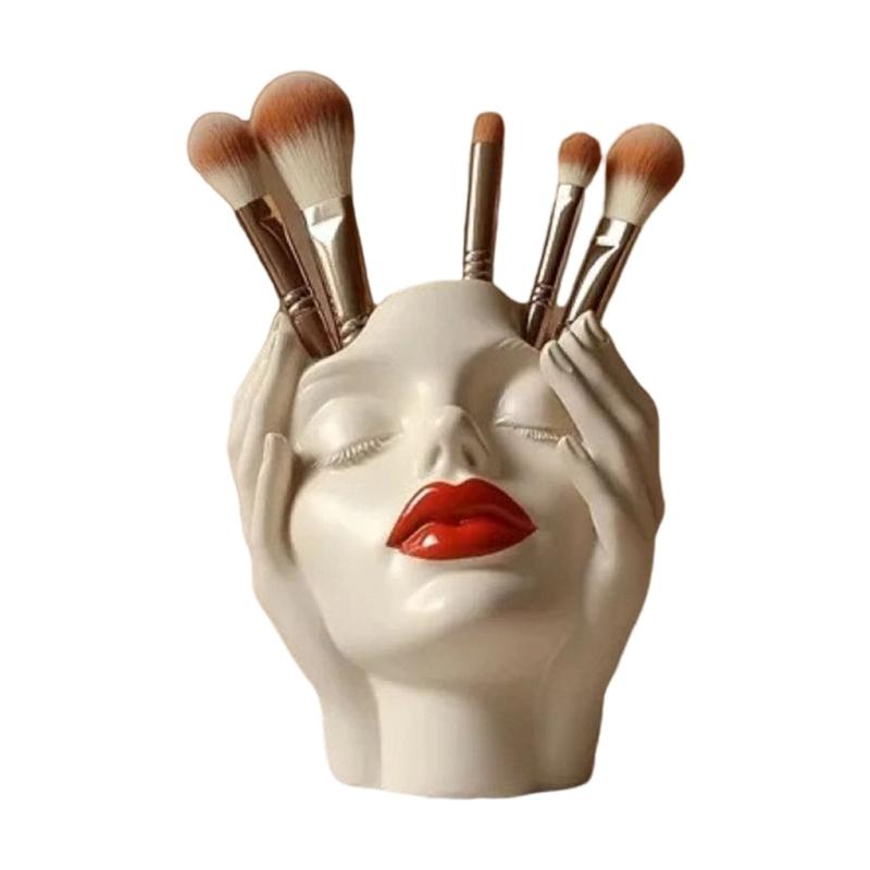

Fashionable Female Head Resin Cosmetic Brush Holder for Elegant Makeup Tool Organization and Home Decoration
