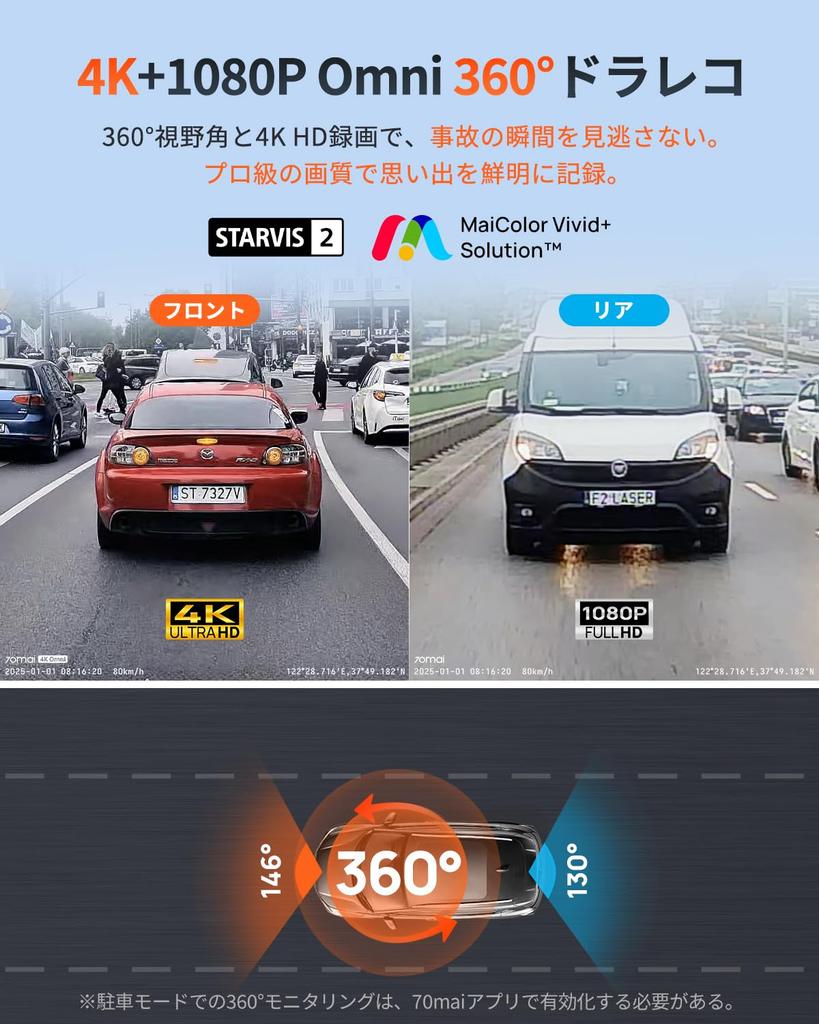 70mai Dash Cam 4K Omni Drive Recorder with STARVIS 2 Front and Rear 4K Night and Panoramic Features include dual HDR front and rear Sony IMX678 night