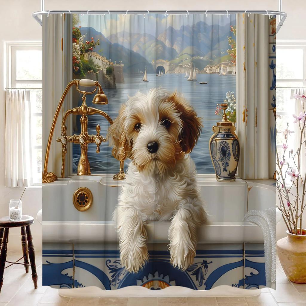 Funny Highland Cow Shower Curtain Farm Cartoon Pig Dog Flower Plant Rustic Farmhouse Kid Polyester Fabric Bathroom Decor Curtain