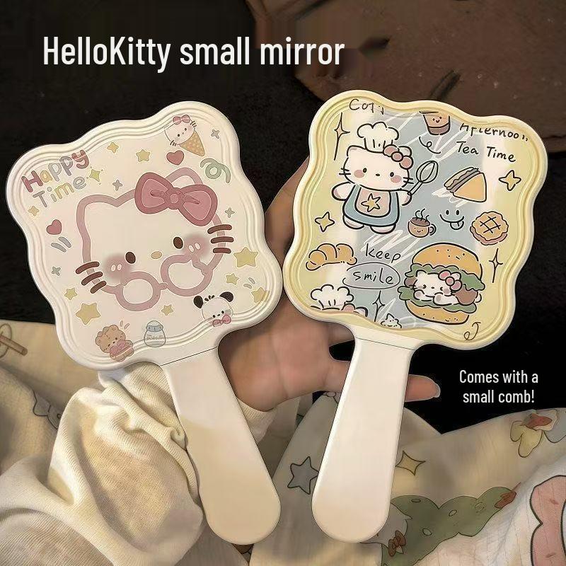 High-End Girlish Heart Handheld Mirror with Retractable Comb and Cute Cat Handle