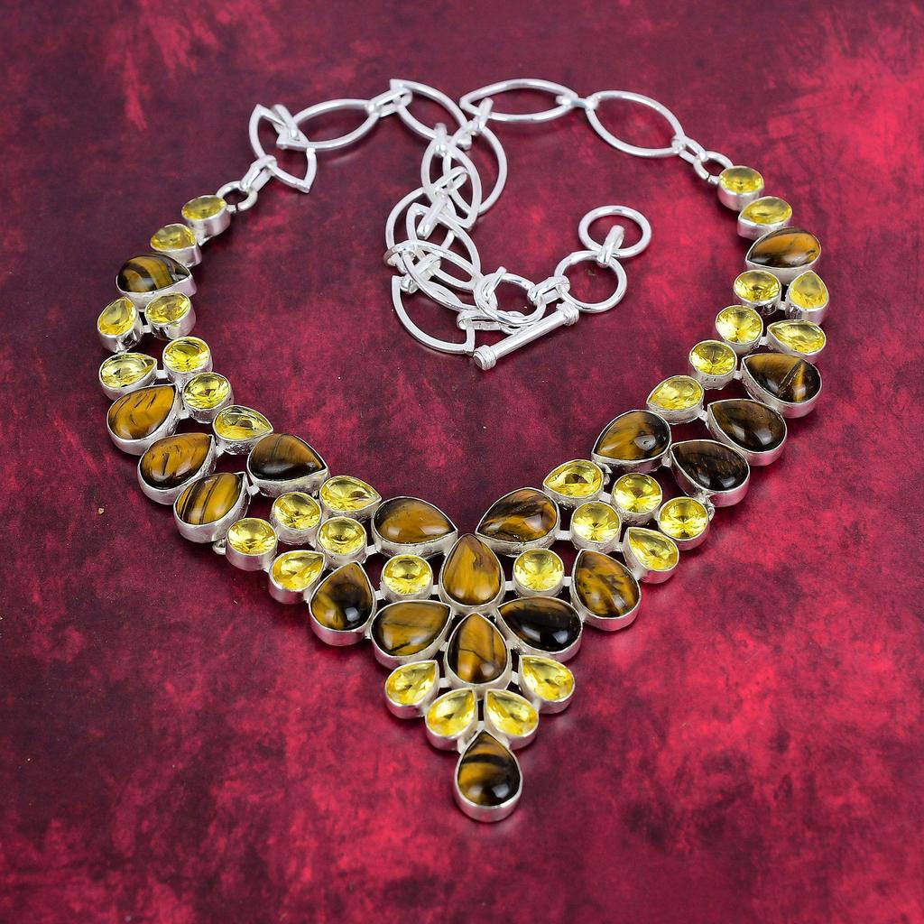 Tiger's Eye, Citrine Necklace, 925 Solid Sterling Silver Gemstone Jewelry, Handmade Necklace, For Thanksgiving