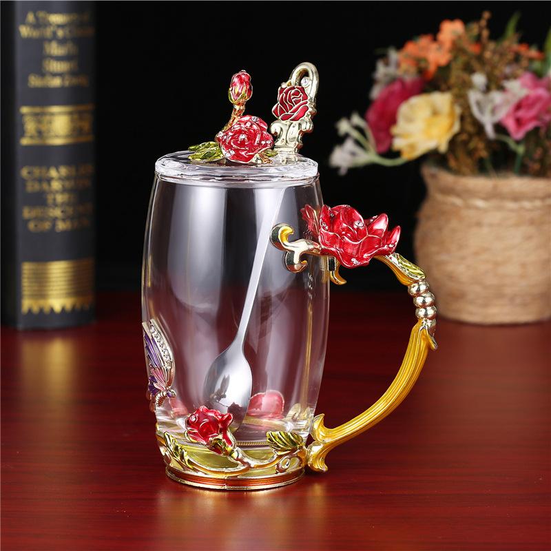Rose Flower Embossed Glass Enamel Water Cup Cute Gift Glass Water Cup