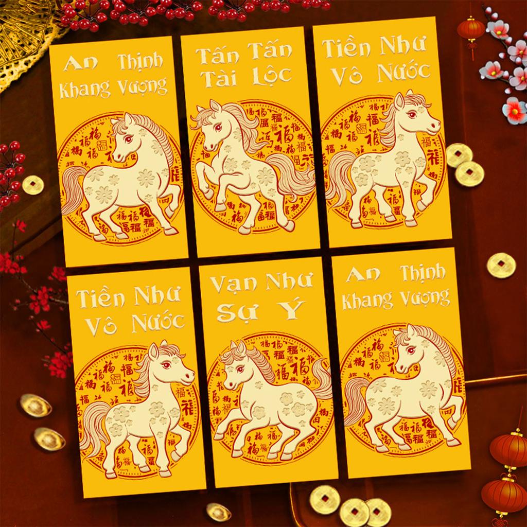 Pack of 6 Vietnamese New Year Red Envelopes With Festive Horse Design and Matte Finish for 2026 Celebrations