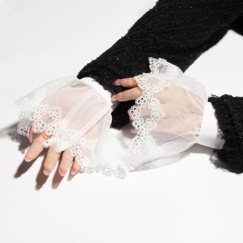 Girls Lace Floral Removable Fake Flare Sleeves Sweater Wrist Warmer Female White Ruffle Horn Cuffs Decoration Accessories