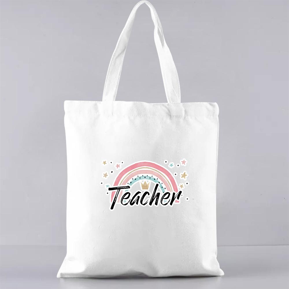 Fashion Shopping Bag Handbag Commuter Casual Shoulder Bag Reusable Canvas Bag White Cartoon Teacher Pattern Printing Tote Bag