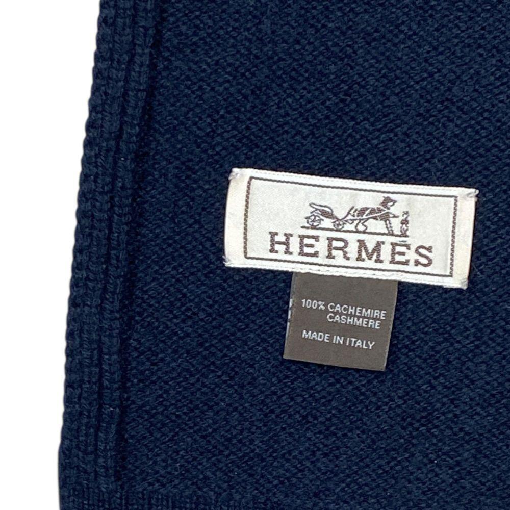 Used Hermes Knit Cable Knit Scarf Stole Cashmere Navy Blue HERMES Cold Weather Autumn/Winter Classic Elegant Luxurious Soft Warm Comfortable Easy to