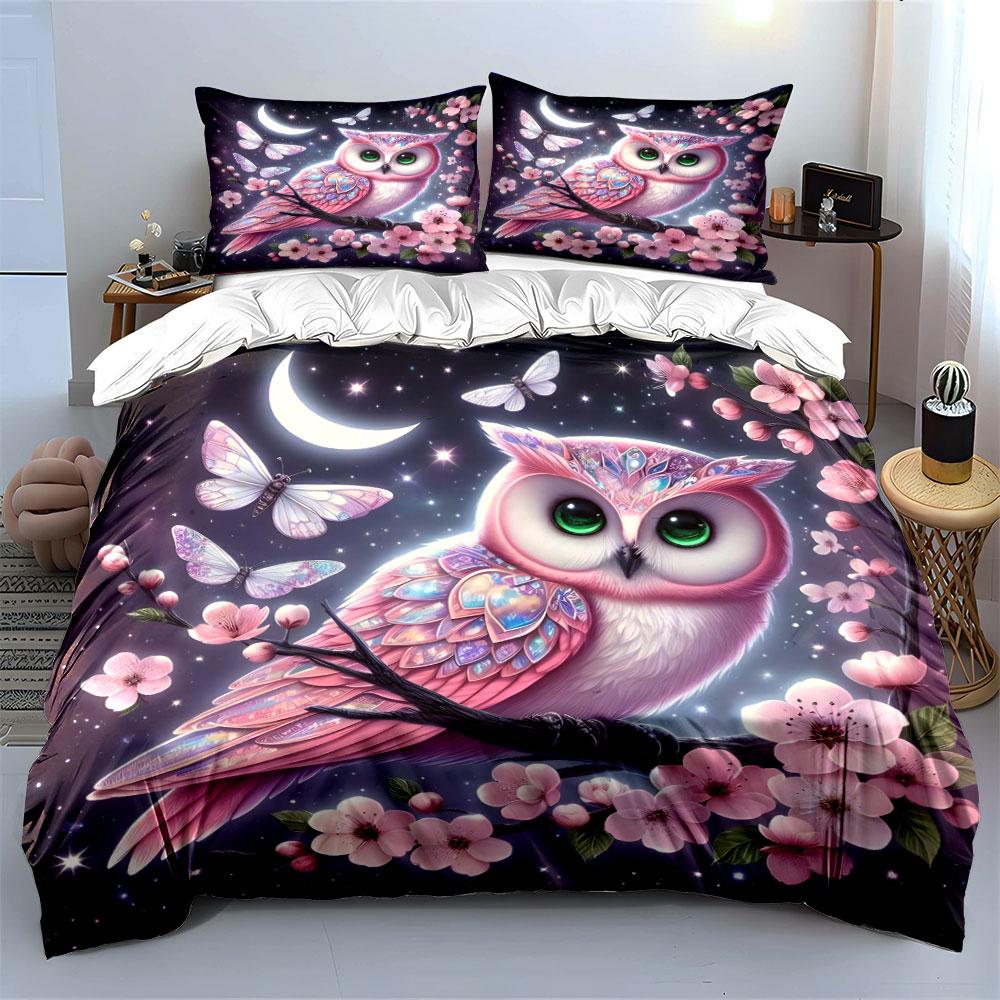 Pink owl with cherry blossoms Bedding Set for Kids Luxury Gift 3pcs Digital Print Comforter Set Soft Comfortable Breathable