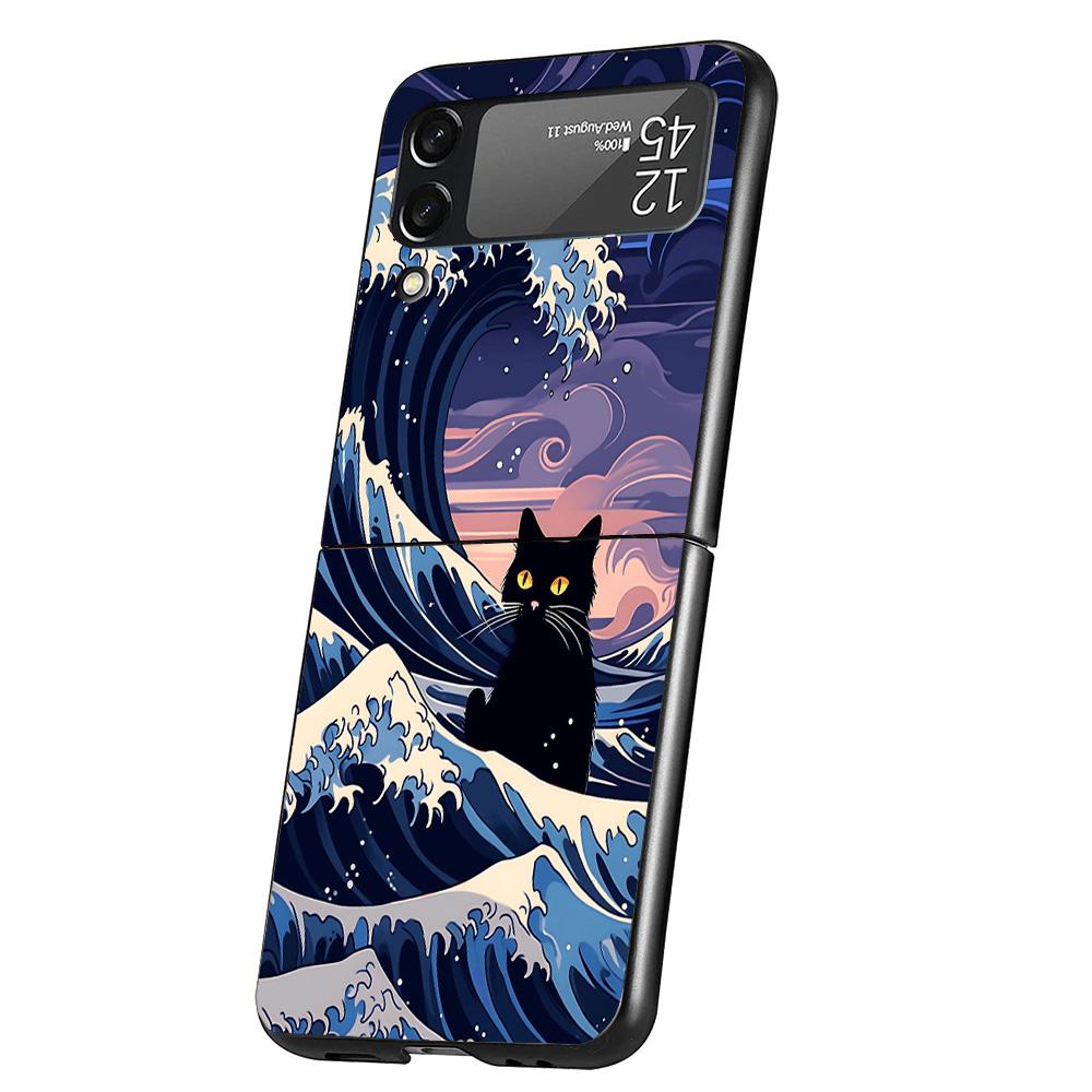 Anime Cat Sea Wave Aesthetic Cover Phone Case For Samsung Galaxy Z Flip 7 6 5 4 3 5G Flip7 Flip6 Flip5 Flip4 Flip3 Black Fundas