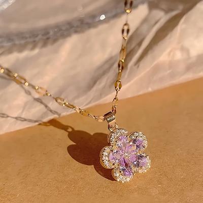 Women's Daily Surgical Steel Color Flower Single Necklace