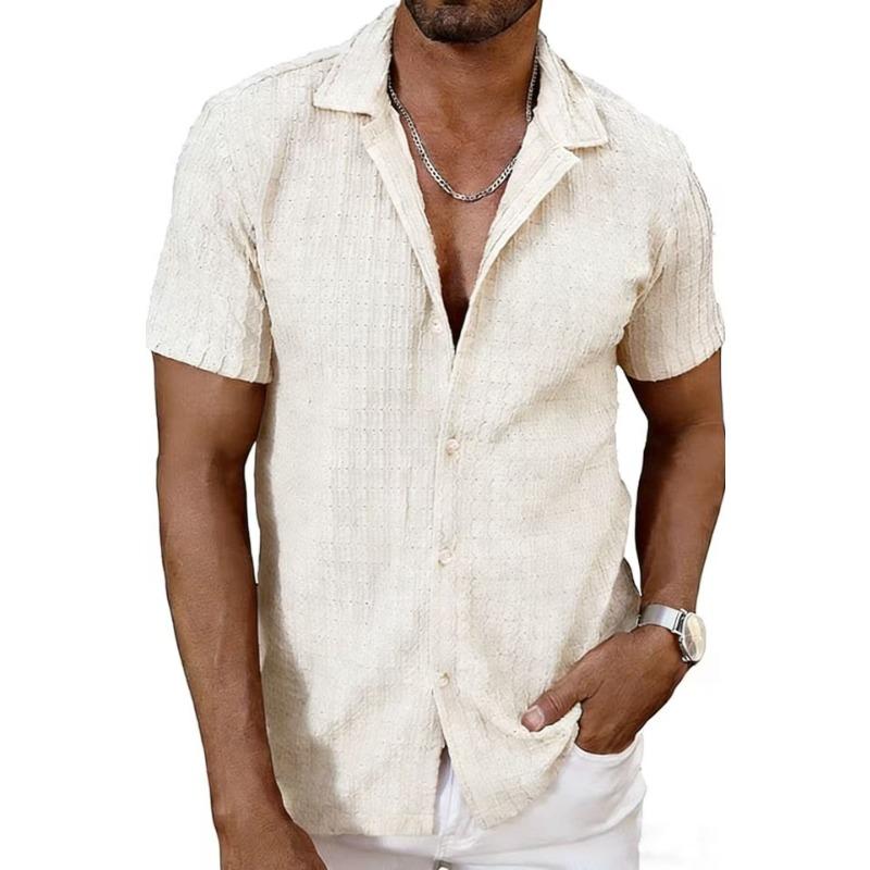 Mens Casual Textured Short Sleeve Cuban Collar Button Up Shirt
