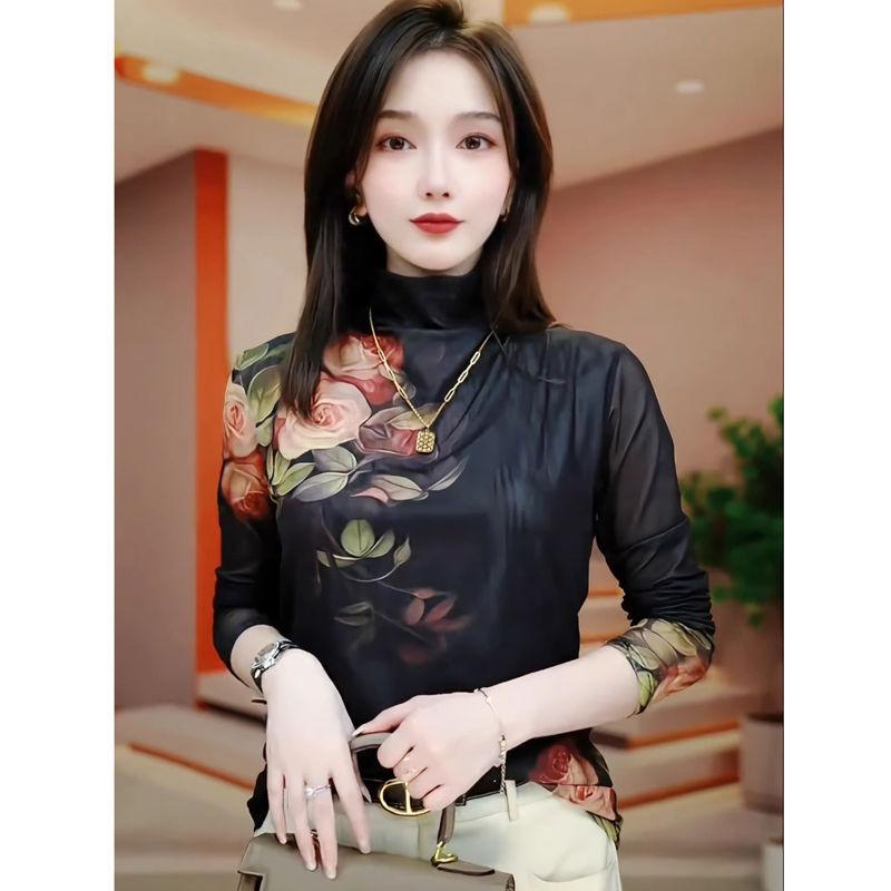 

Красивая весенняя сетчатая блузка для женщин с длинными рукавами и новая принтованная базовая рубашка, красивый кружевной топ, стройнящий M чёрный