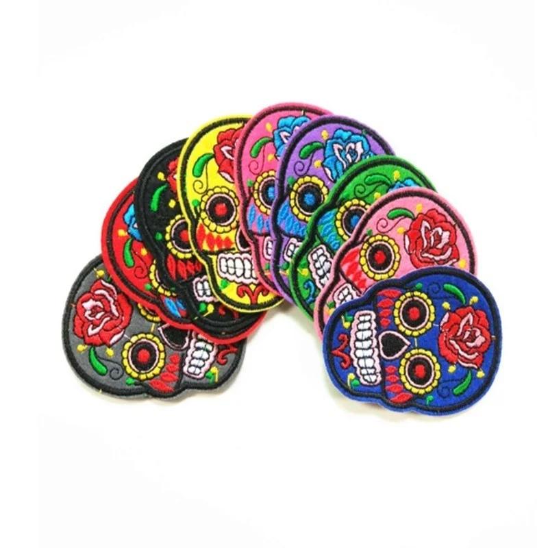 9Pcs/set Of DIY Multicolor Skull Clothing Patch Fashion Jeans Embroidery Fabric Badges In Random Colors