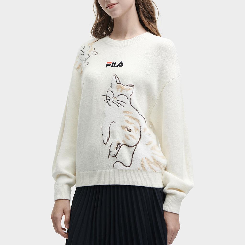Fila Embroidered Animal Pattern Casual Long Sleeve Knit Top Women Tops Light-Beige F11W348409F-IV
