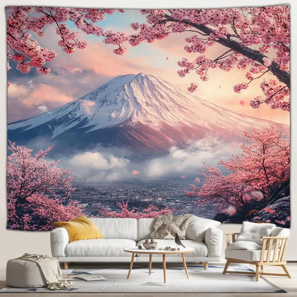 Japanese Scenery Tapestry Pink Cherry Blossom Flowers Misty Landscape Chinese Architecture Living Room Bedroom Decor Wall Hangin