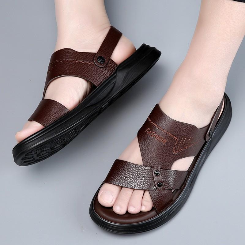 Mens Genuine Leather Slide Sandals Breathable TPR Sole Outdoor Casual Slip-On Footwear Beach