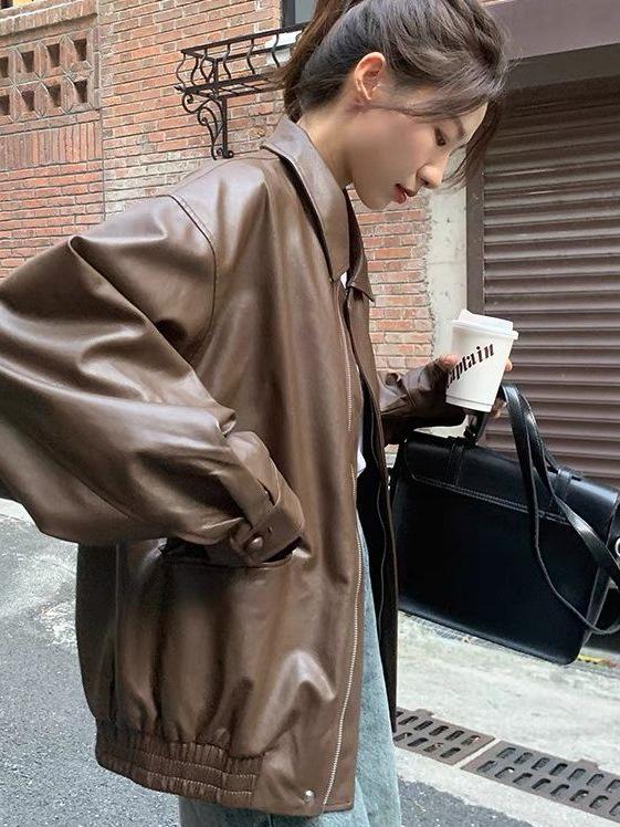 

Женская кожаная куртка для похудения - Элегантный воротник, Универсальный стиль для весны и осени Small чёрный