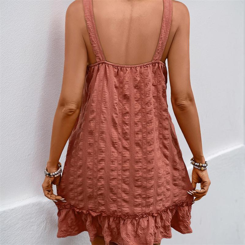 2026 New European And American Camisole Dress Cross-border Solid Color Texture Pleated Ruffle Edge Dress