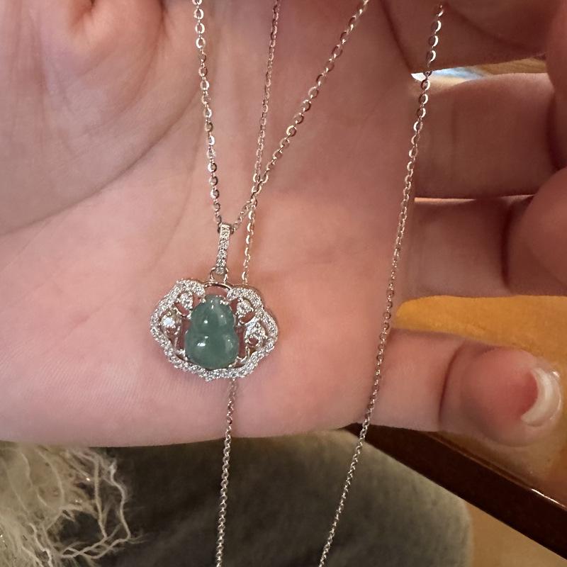 Exquisite S925 Sterling Silver Blue Jade Gourd Necklace with Diamond Inlay Silver Jade Necklace
