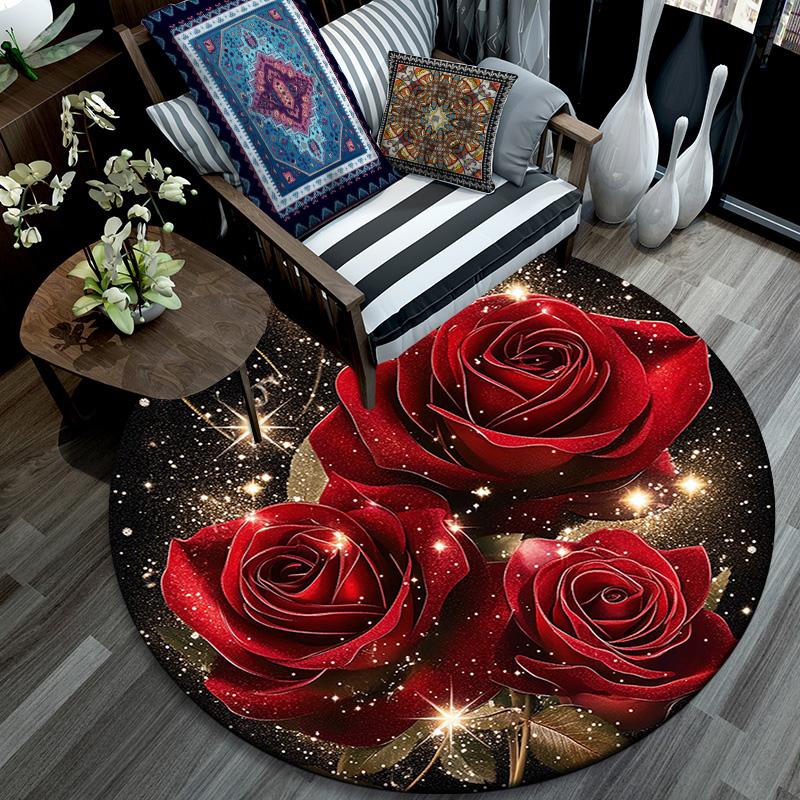 Red Roses Round Area Rug,Carpet Rug for Living Room Bedroom Sofa Playroom Decor,Non-slip Floor Mat
