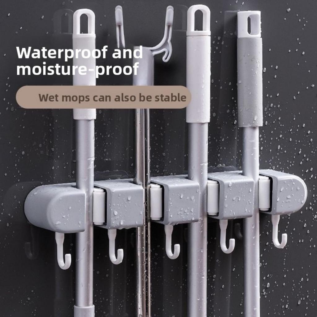 Wall Mounted Mop and Broom Rack | Bathroom Non Drilling Adhesive Storage Box | Heavy Plastic with Flexible Silicone Clip | Home Cleaning Tools