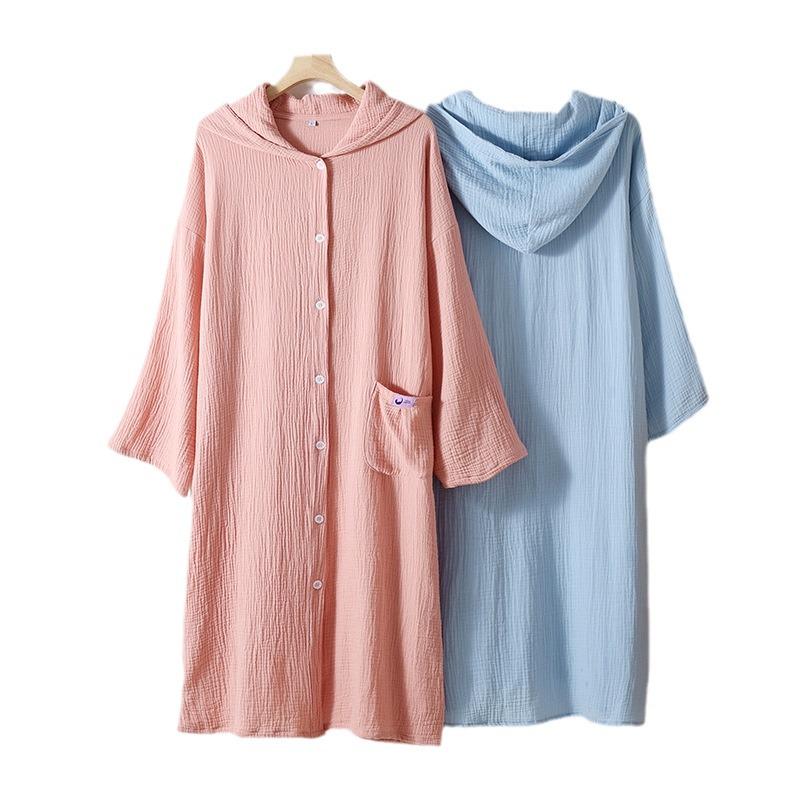 Double-Layer Gauze Cotton Hooded Cardigan Robe Pajamas